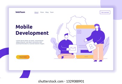 Vector mobile application or website development process with big modern flat line people illustration. Web page banner coding concept with smartphone, cog, app icons