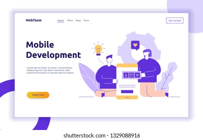 Vector mobile application or website development process with big modern flat line people illustration. Web page banner coding concept with smartphone, cog, app icons, light bulb