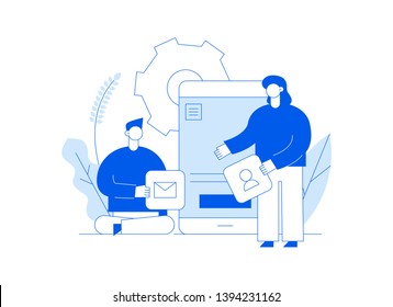 Vector mobile application or website development process with big modern flat line people illustration. Web page banner coding concept with smartphone, cog, app icons