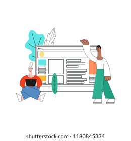 Vector mobile apps development concept, young girl sitting legs crossed behind laptop device making app design, african man pointing to media button on smartphone, tablet devices windows background