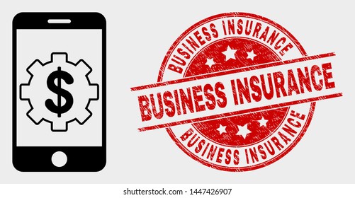 Vector mobile bank settings pictogram and Business Insurance seal. Red rounded distress seal stamp with Business Insurance caption. Vector combination for mobile bank settings in flat style.