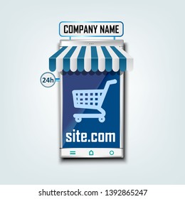Vector mobile blue color  for online shopping for landing page. Modern banner Elements for web site shopping cart icon

