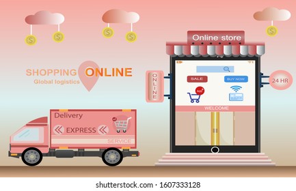 Vector of mobile business online concept and the logistic truck support delivery design by sweet color tone  
