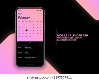 Vector Mobile Calendar App February 2024 Page with To Do List and Tasks UI UX Design Concept on Isolated Photo Realistic Smart Phone Screen Mockup. Smartphone Business Planner Application Template