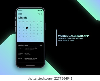 Vector Mobile Calendar App March 2023 Page with To Do List and Tasks UI UX Design Concept on Isolated Photo Realistic Smart Phone Screen Mockup. Smartphone Business Planner Application Template