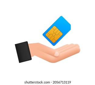 Vector Mobile Cellular Phone Sim Card in hands. Chip Isolated on white Background.