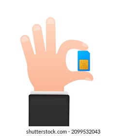 Vector Mobile Cellular Phone Sim Card in hands. Chip Isolated on white Background.