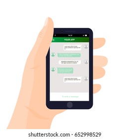 Vector mobile chat app interface design. Hand holding smartphone. Chat application concept.