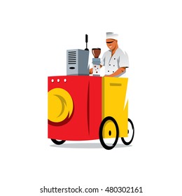 Vector mobile coffee shop Cartoon Illustration. Man and bicycle based cafe. Isolated on a white background