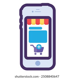 Vector mobile device with an online shop site page in a colorful flat style. Purchase, application, or delivery service symbol. The icon is suitable for web design, online shop, print