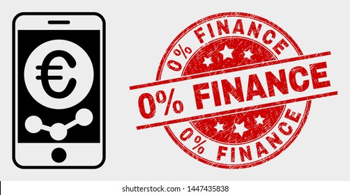 Vector mobile euro chart icon and 0% Finance watermark. Red round distress watermark with 0% Finance caption. Vector composition for mobile euro chart in flat style.