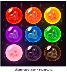 Vector mobile game colorful bubbles set with gemstones, isolated on dark background. Vector design for app user interface.