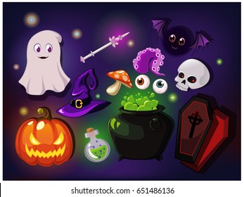 Vector mobile game halloween set, isolated on dark background. Vector design for app user interface.