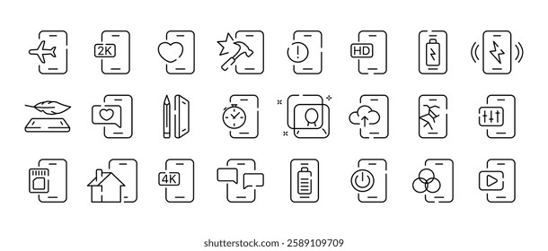 Vector mobile icon set: technology, communication, and device symbols.