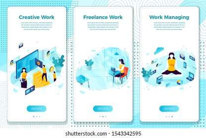 Vector mobile illustration set - creative freelance work management. Modern bright banner, site template with place for your text.