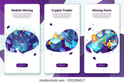 Vector mobile illustration set - cryptocurrency mining, trading, farming. Modern bright banner, site template with place for your text.