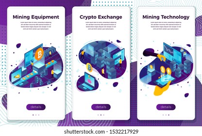 Vector mobile illustration set - cryptocurrency mining, equipment, exchange. Modern bright banner, site template with place for your text.