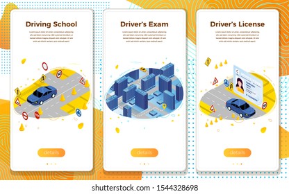 Vector mobile illustration set - driving school concept, learning, exams, license. Modern bright banner template with place for your text.