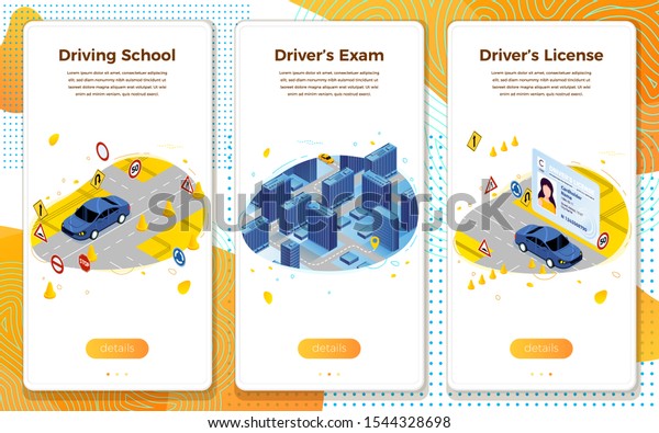 Vector mobile illustration set - driving school\
concept, learning, exams, license. Modern bright banner template\
with place for your\
text.