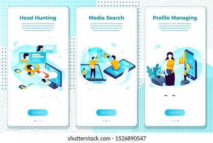 Vector mobile illustration set - head hunter online search for employee, profile managment. Modern bright banner, site template with place for your text.