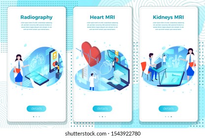 Vector mobile illustration set - Heart, Lungs, Kidney MRI and Radiography. Modern bright banner, site template with place for your text.