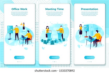 Vector mobile illustration set - office presentation, meeting time. Modern bright banner, site template with place for your text.