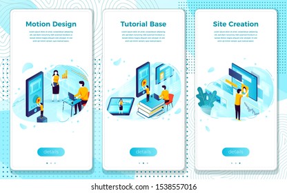 Vector mobile illustration set - online learning, tutorial base for motion design. Modern bright banner, site template with place for your text.