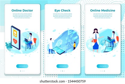 Vector mobile illustration set - online Doctor help, medicine and eye check. Modern bright banner, site template with place for your text.
