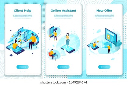 Vector mobile illustration set - online client help assistance. Modern bright banner, site template with place for your text.