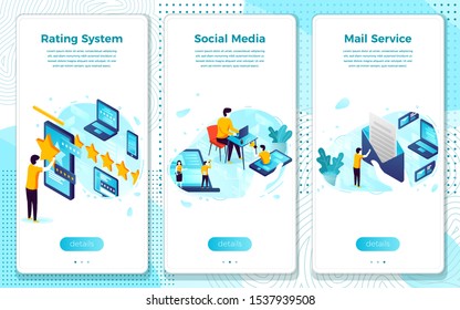 Vector mobile illustration set - social media concept, rating and mail system. Modern bright banner, site template with place for your text.