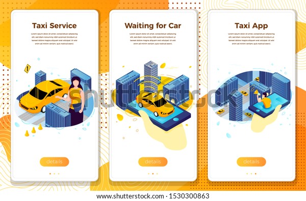 Vector mobile illustration set - taxi service\
application concept, car riding in town. Modern bright banner\
template with place for your\
text.