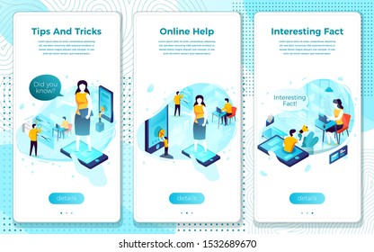 Vector mobile illustration set - tips and tricks, online help, interesting fact. Modern bright banner, site template with place for your text.