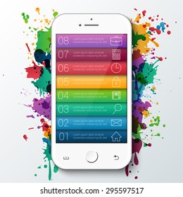 Vector mobile for infographic with bright rainbow paint splat. Template for diagram, graph, presentation and chart. Business concept with 8 options, parts, steps or processes. Abstract background.