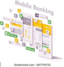 Vector mobile internet banking app illustration. Smartphone with bank application login page, account dashboard, bank card management, payments, deposits, notification and other features