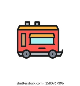 Vector mobile kitchen food trailer flat color line icon.