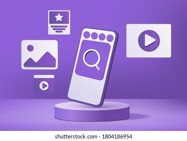 Vector mobile mockup 3d realistic, minimal favourite icon with geometric smartphone device. Background vector 3d rendering with podium. Stage showcase favorite 3d scene studio purple pastel