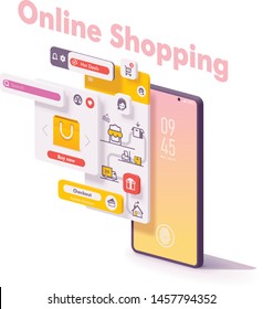 Vector Mobile Online Shopping App Concept. Smartphone Online Shop App Page, Checkout And Payment, Delivery, Search And Support