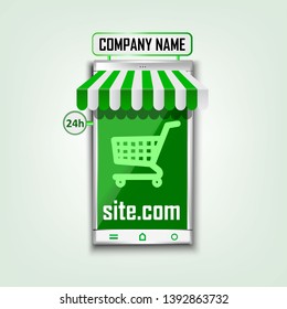 Vector mobile for online shopping for landing page. Modern banner smartphone interface template. Elements for web site
Green color