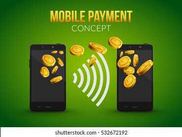 Vector mobile payment concept design template. Mobile online payment coins design with waves.