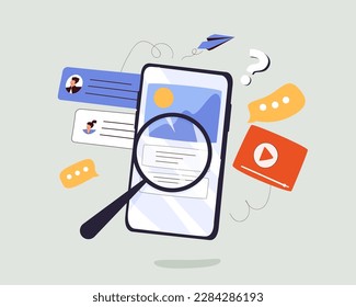 Vector mobile phone analyzing with social icon, Searching image and video files in database flat concept, document management. showcase cartoon magnifying analyzing icon with mobile phone