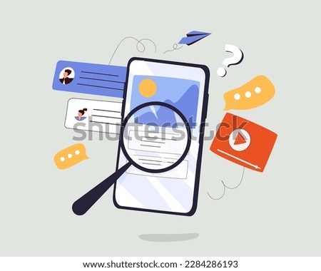 Vector mobile phone analyzing with social icon, Searching image and video files in database flat concept, document management. showcase cartoon magnifying analyzing icon with mobile phone