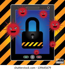 Vector : Mobile Phone Antivirus Concept Present By White Tablet PC With Red Virus and The Key Lock on Screen in Caution Zone Dark and Yellow Background