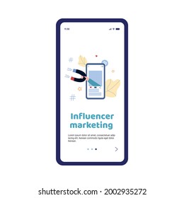 Vector mobile phone app for attraction customers using influence advertising business marketing. Magnet on mobile phone screen collect of likes and feedback followers in internet