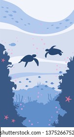 Vector mobile phone background illustration of seaturtles in a reef in the ocean.