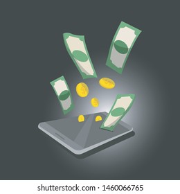 vector of mobile phone banking app wallet splash screen with cash money coins 