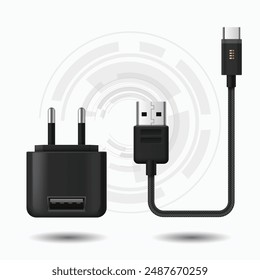 Vector Mobile phone charger vector set. Realistic smartphone power supply. 3D USB cables, cords and electric plugs.