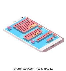 Vector mobile phone and chat icon. Communication in social networks. Isometric vector illustration.
