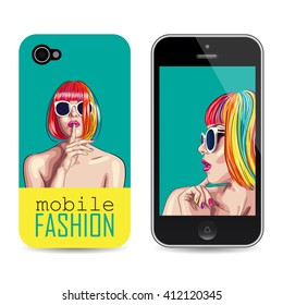 vector mobile phone cover template with woman wearing colorful wig