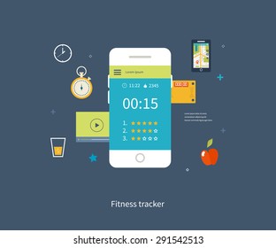 Vector mobile phone - fitness app concept on touchscreen. Modern flat vector icons of healthy lifestyle, fitness and physical activity. Healthy lifestyle concept