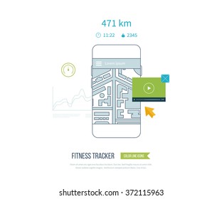 Vector mobile phone - fitness app concept on touchscreen. Flat vector collection of modern mobile phones with different user interface elements. Healthy lifestyle and fitness concept